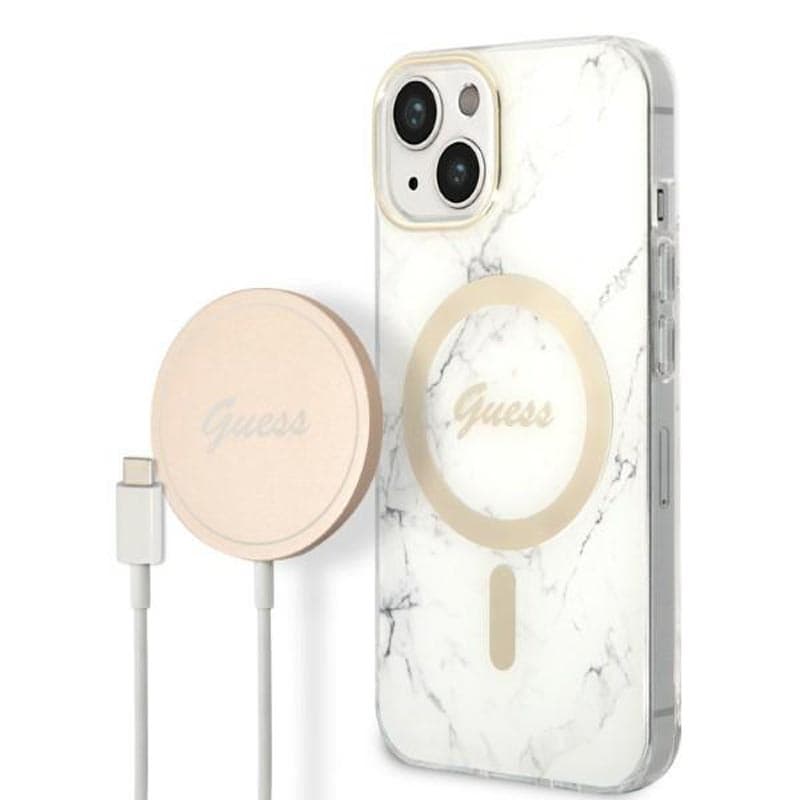 Guess Bundle Pack MagSafe IML Marble - Set of case for iPhone 14 Plus + MagSafe charger (White/Gold) 1