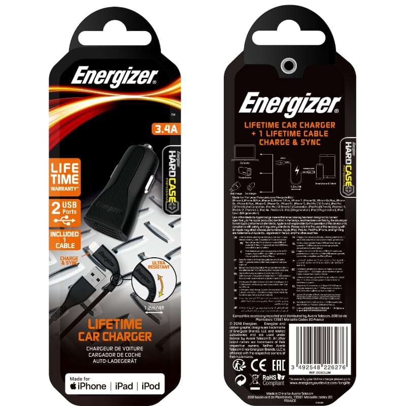 Energizer HardCase - Car charger 2x USB-A 17W 3.4A + MFi certified Lightning cable (Black) 3