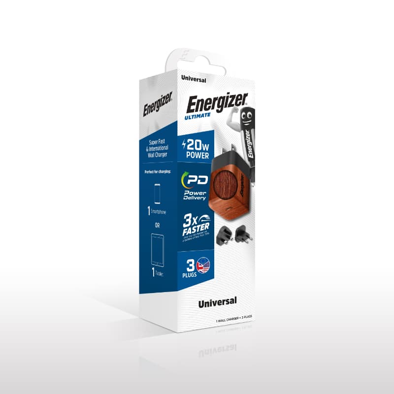 Energizer Ultimate - Multiplug EU / UK / US GaN 20W PD mains charger (Walnut burl) 5