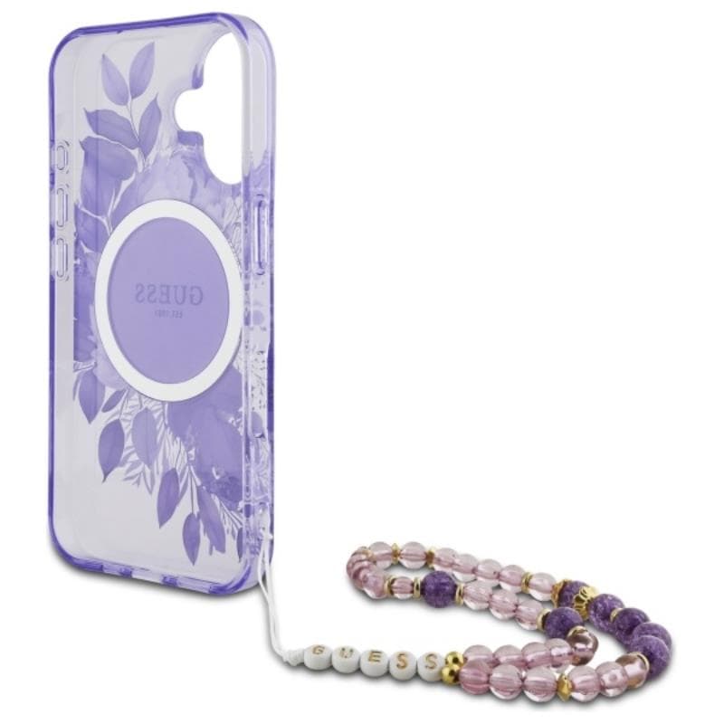 Guess IML Flowers With Pearl Strap MagSafe - Case for iPhone 16 (Purple) 6