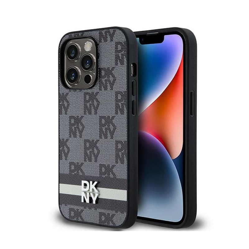 DKNY Leather Checkered Mono Pattern & Printed Stripes - iPhone 14 Pro Case (black) 1
