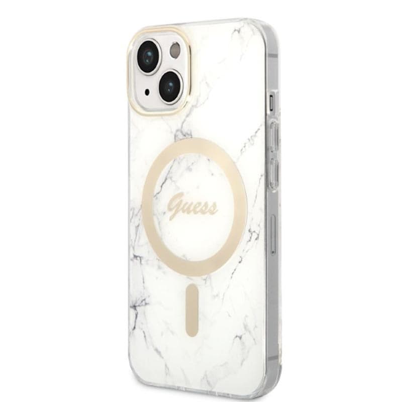 Guess Bundle Pack MagSafe IML Marble - Set of case for iPhone 14 Plus + MagSafe charger (White/Gold) 3