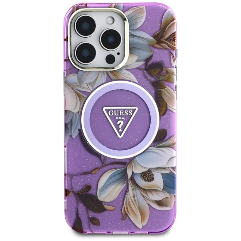 Guess Glitter Flowers Triangle Buttons MagSafe - Case for iPhone 16 Pro (purple) 3
