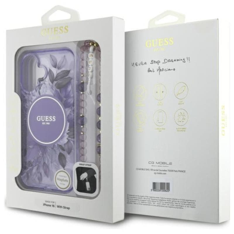 Guess IML Flowers With Pearl Strap MagSafe - Case for iPhone 16 (Purple) 7