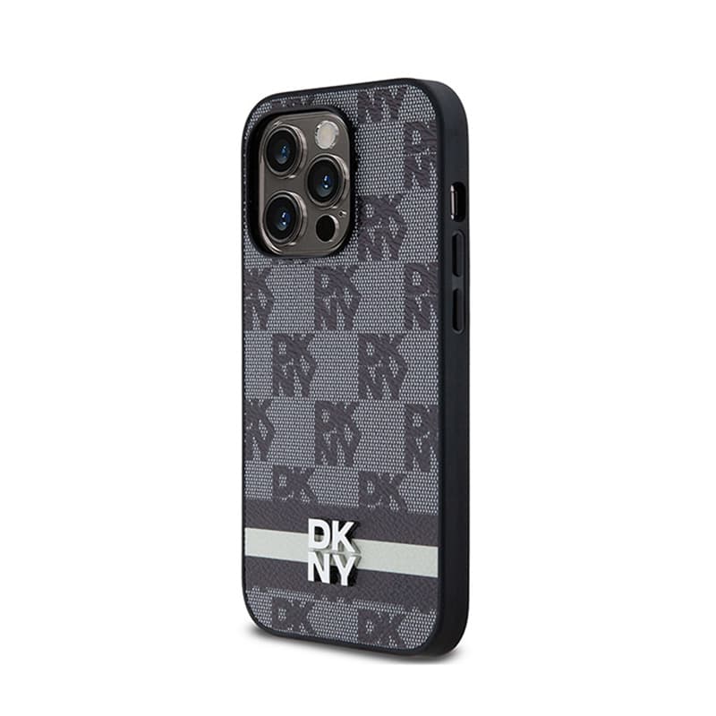 DKNY Leather Checkered Mono Pattern & Printed Stripes - iPhone 14 Pro Case (black) 2