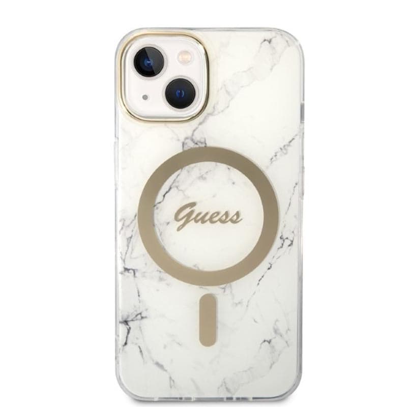 Guess Bundle Pack MagSafe IML Marble - Set of case for iPhone 14 Plus + MagSafe charger (White/Gold) 4