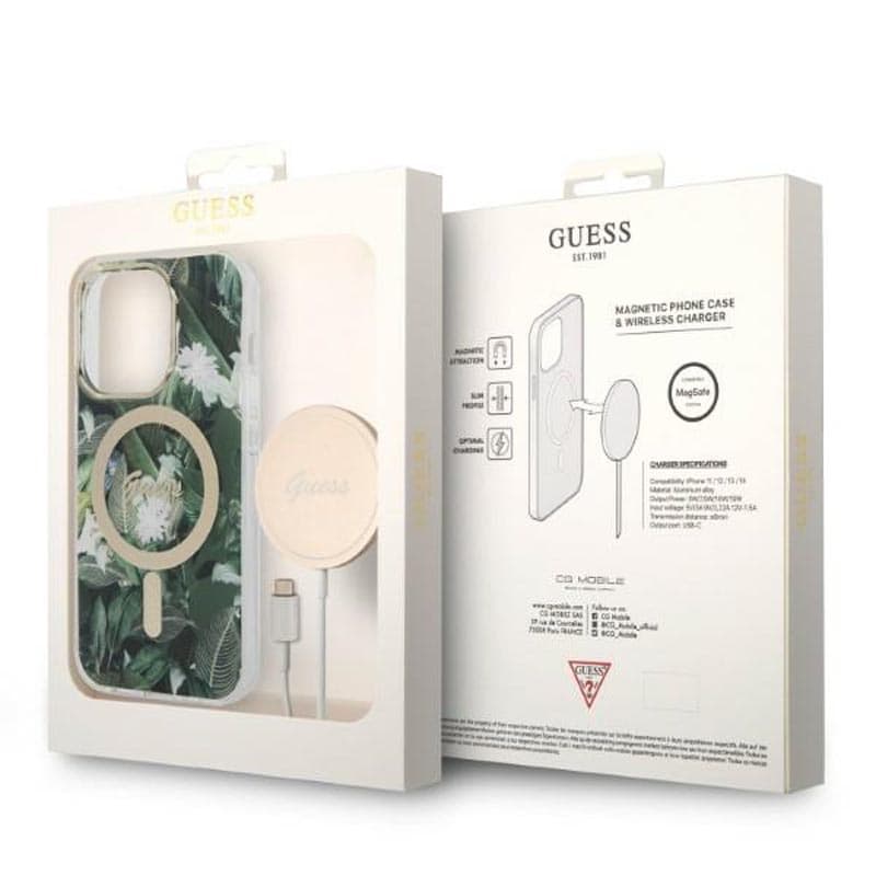 Guess Bundle Pack MagSafe IML Jungle - Set of case for iPhone 14 Pro + MagSafe charger (Khaki/Gold) 2