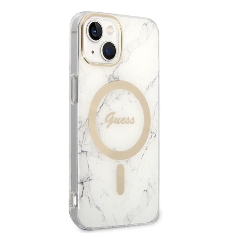 Guess Bundle Pack MagSafe IML Marble - Set of case for iPhone 14 Plus + MagSafe charger (White/Gold) 5