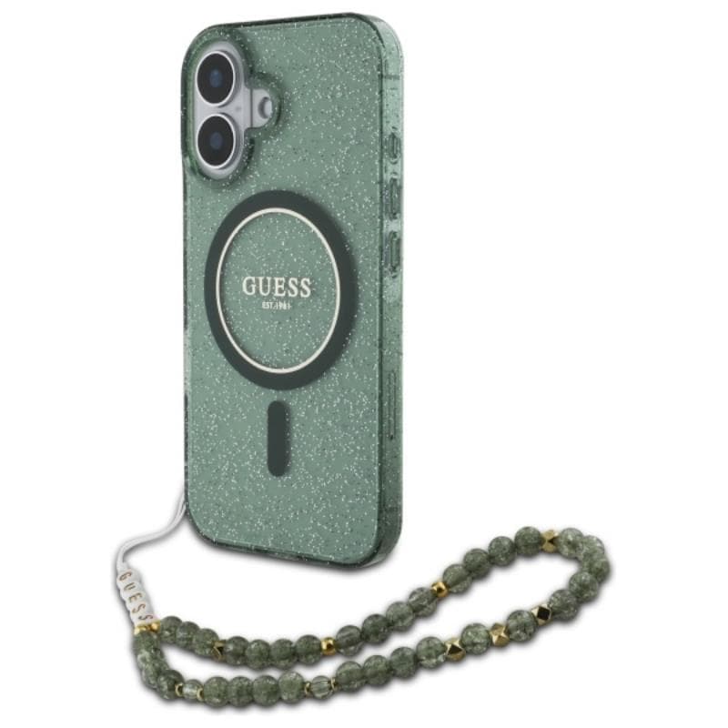 Guess IML Glitter With Pearl Strap MagSafe - Case for iPhone 16 (Green)