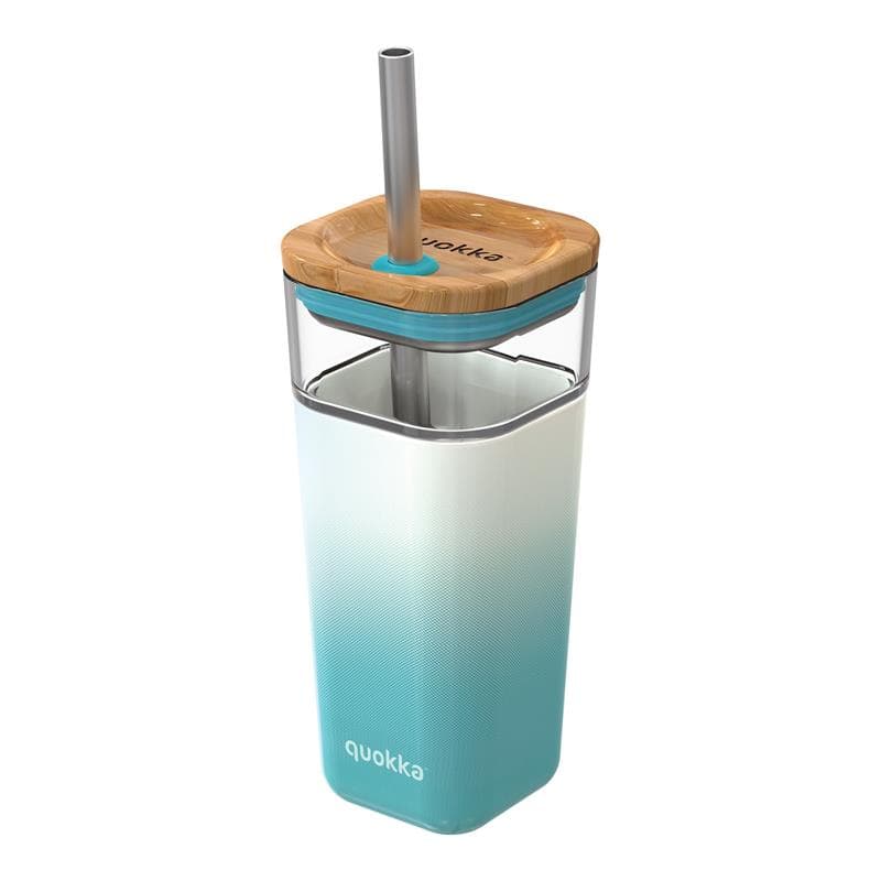 Quokka Liquid Cube - 540 ml Glass Cup with Stainless Steel Straw (Teal Gradient)