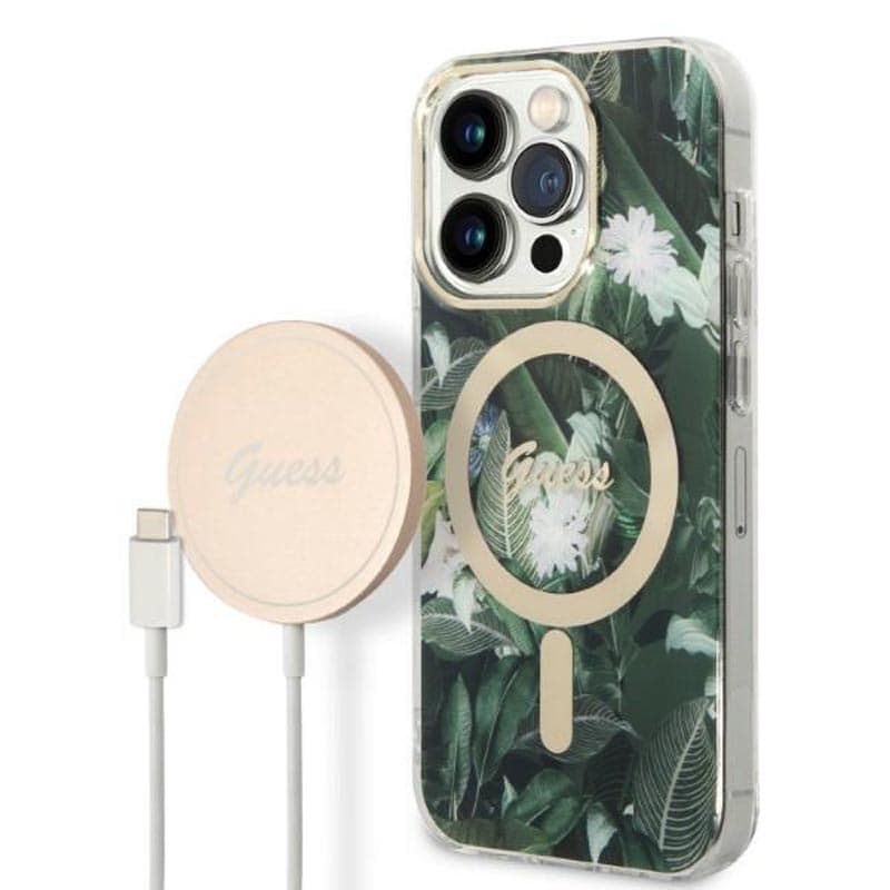 Guess Bundle Pack MagSafe IML Jungle - Set of case for iPhone 14 Pro + MagSafe charger (Khaki/Gold) 1