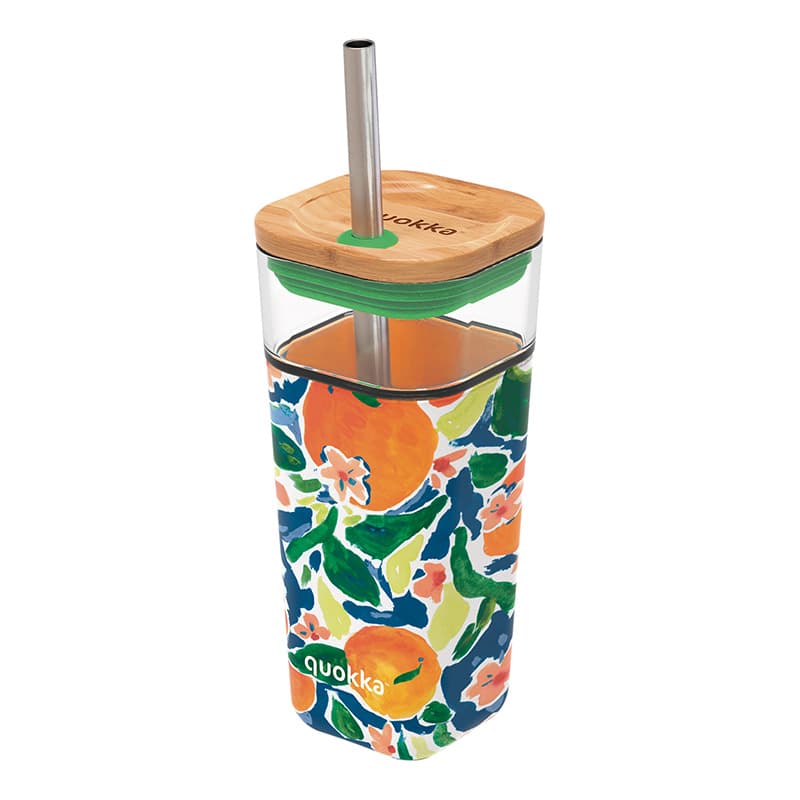 Quokka Liquid Cube - 540 ml Glass Cup with Stainless Steel Straw (Oranges)