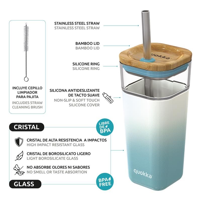 Quokka Liquid Cube - 540 ml Glass Cup with Stainless Steel Straw (Teal Gradient) 2