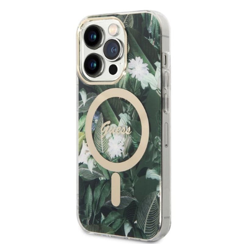 Guess Bundle Pack MagSafe IML Jungle - Set of case for iPhone 14 Pro + MagSafe charger (Khaki/Gold) 3