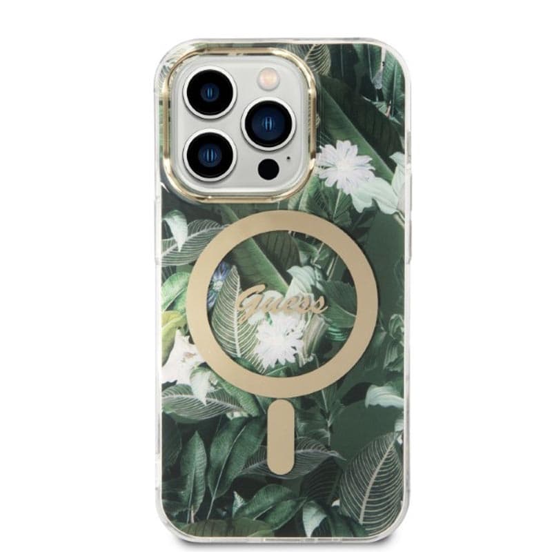 Guess Bundle Pack MagSafe IML Jungle - Set of case for iPhone 14 Pro + MagSafe charger (Khaki/Gold) 4