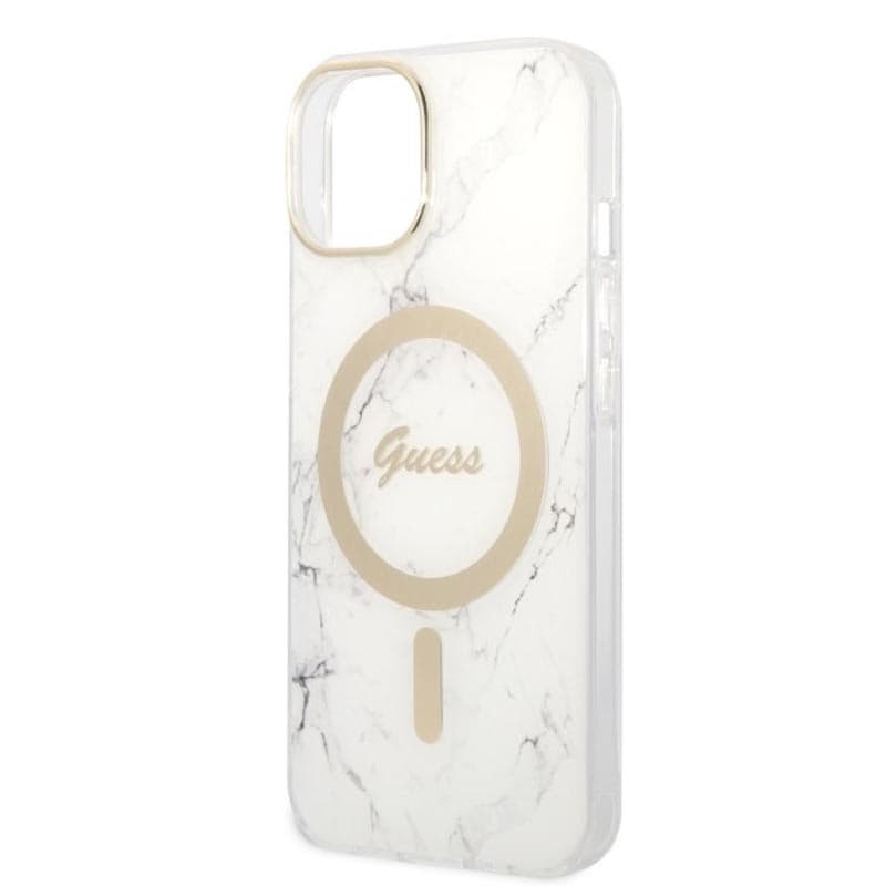 Guess Bundle Pack MagSafe IML Marble - Set of case for iPhone 14 Plus + MagSafe charger (White/Gold) 7