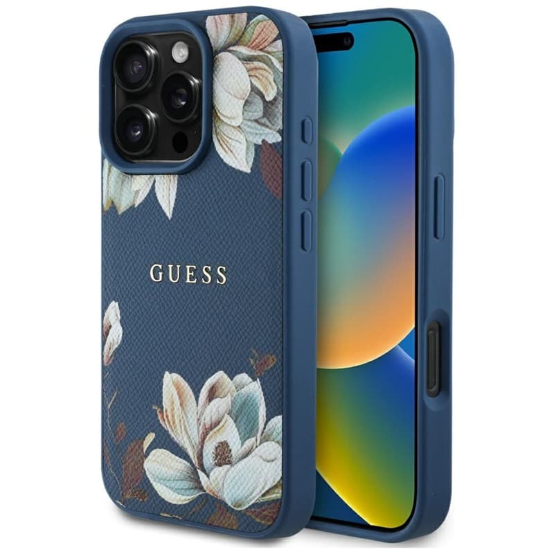 Guess Grained Printed Flower Pattern MagSafe - Case for iPhone 16 Pro Max (blue)