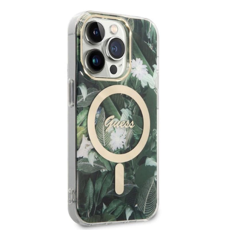 Guess Bundle Pack MagSafe IML Jungle - Set of case for iPhone 14 Pro + MagSafe charger (Khaki/Gold) 5