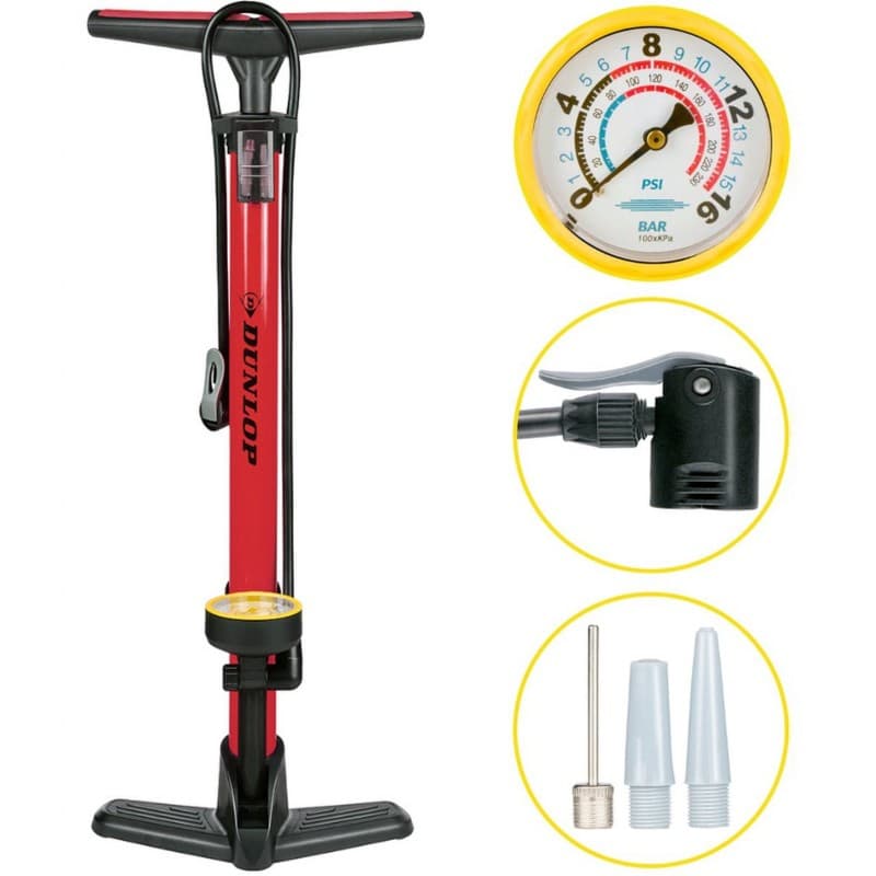 Dunlop - Floor pump for bikes, balls, mattresses with pressure gauge (Red)