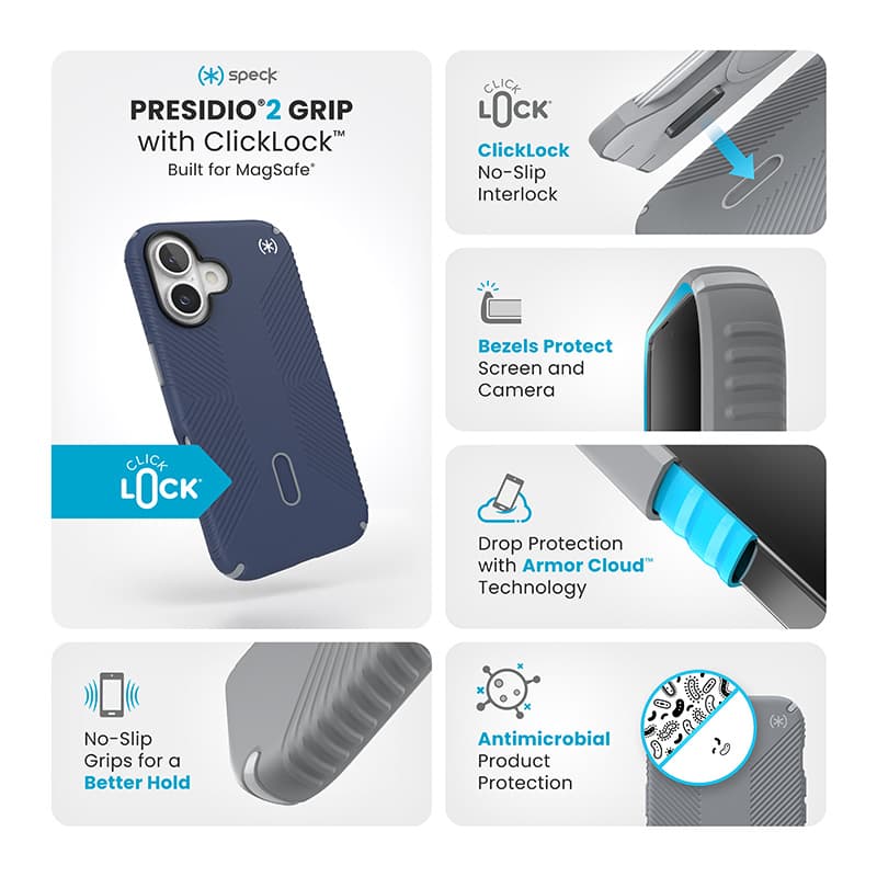 Speck Presidio2 Grip ClickLock & MagSafe - iPhone 16 Case (Coastal Blue / Dust Gray / White) 3