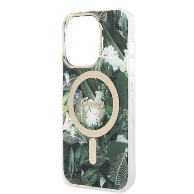 Guess Bundle Pack MagSafe IML Jungle - Set of case for iPhone 14 Pro + MagSafe charger (Khaki/Gold) 7