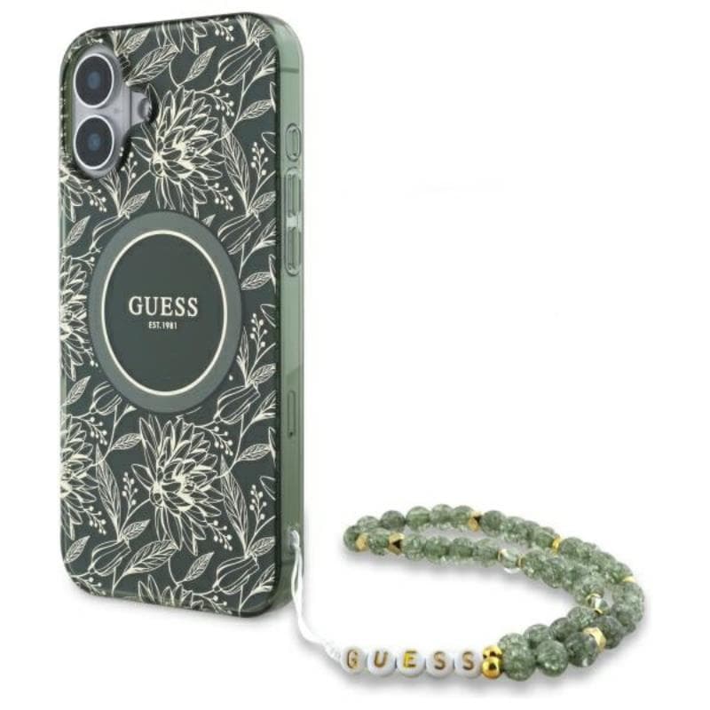 Guess IML Flowers Allover Electro With Pearl Strap MagSafe - Case for iPhone 16 Plus (Green)