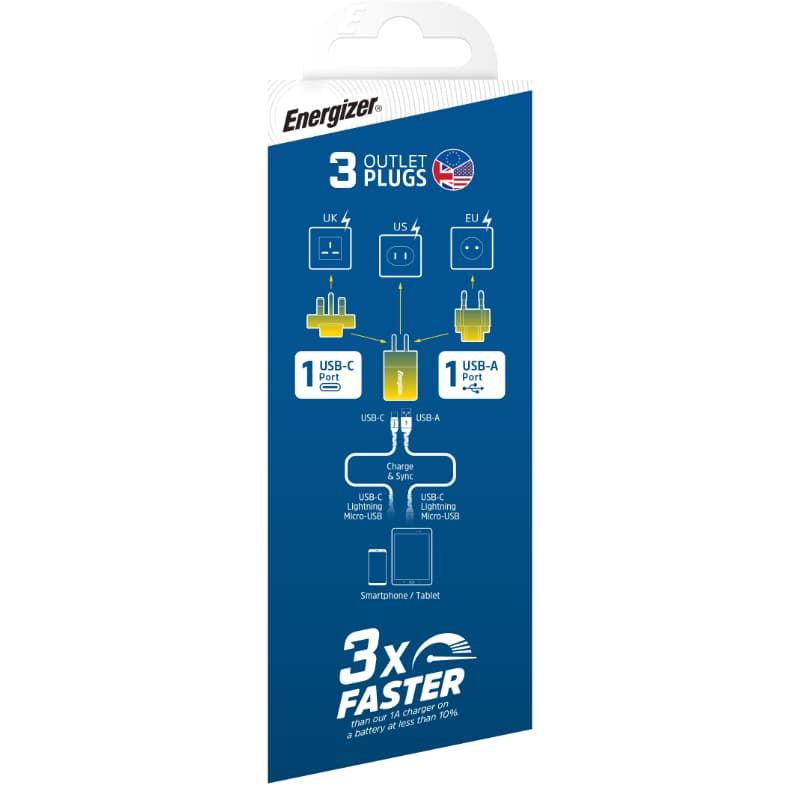 Energizer Ultimate - Multiplug EU / UK / US mains charger GaN 38W PD + QC3.0 (Silver) 5