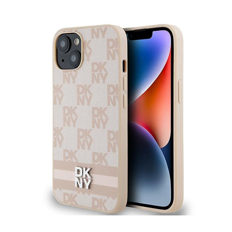 DKNY Leather Checkered Mono Pattern & Printed Stripes - Case for iPhone 14 / 15 / 13 (pink)