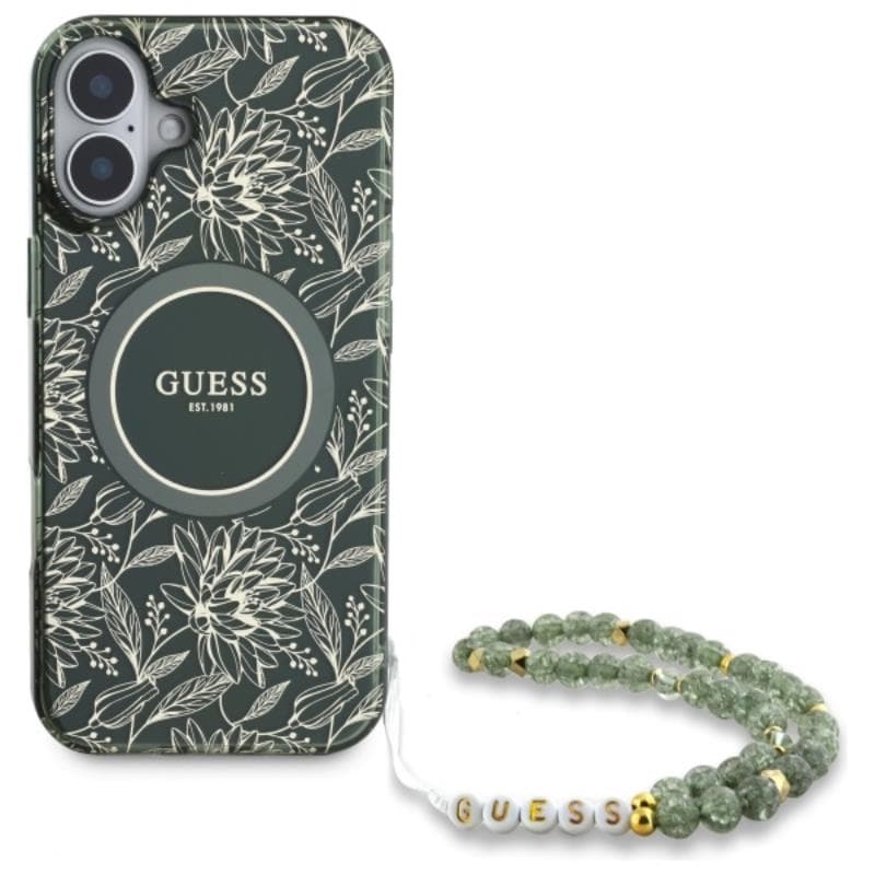 Guess IML Flowers Allover Electro With Pearl Strap MagSafe - Case for iPhone 16 Plus (Green) 2