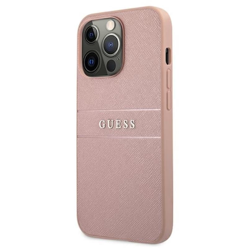 Guess Saffiano Mteal Logo Stripes - Case for iPhone 13 Pro Max (Pink) 2