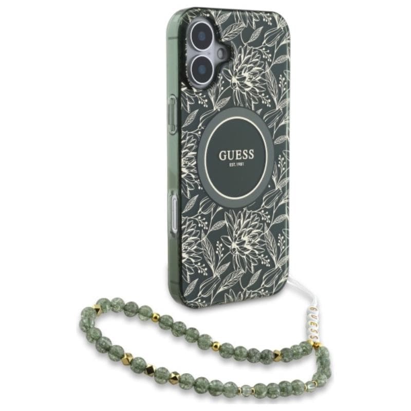 Guess IML Flowers Allover Electro With Pearl Strap MagSafe - Case for iPhone 16 Plus (Green) 3