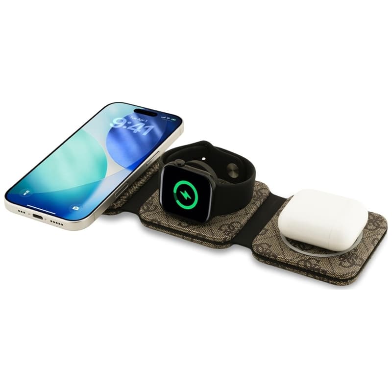 Guess 4G Wireless Charger - MagSafe 3-in-1 Wireless Charger for iPhone, AirPods and Apple Watch 15W (Brown) 3
