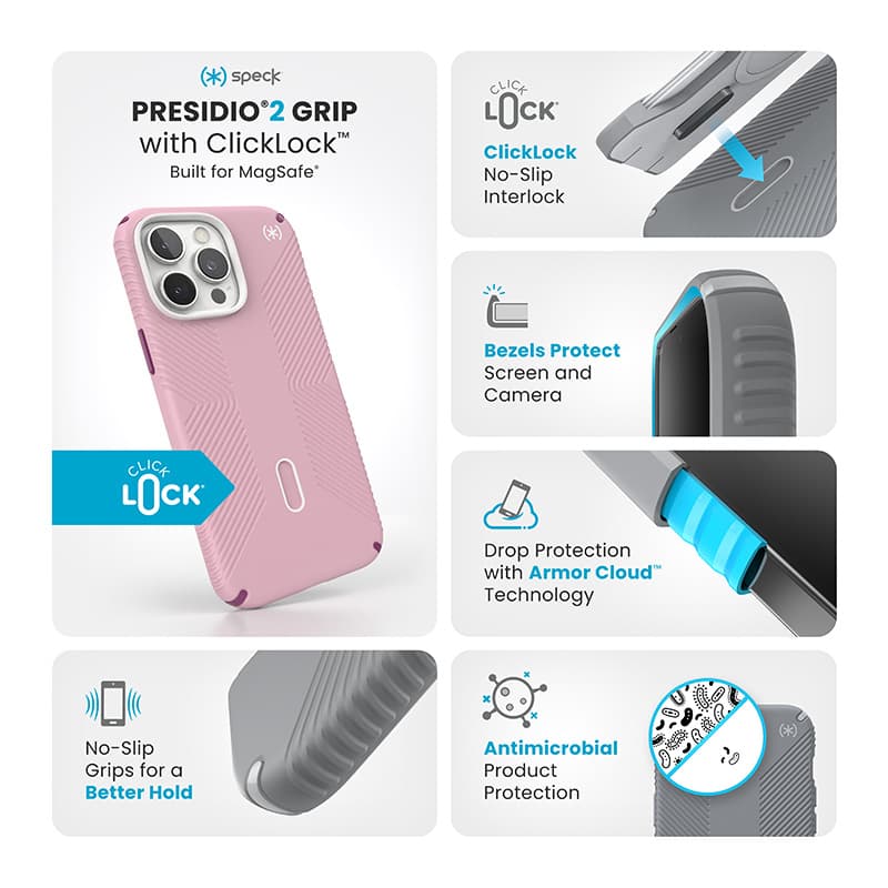 Speck Presidio2 Grip ClickLock & MagSafe - Case for iPhone 16 Pro Max (Wednesday Pink / Boysenberry Purple / White) 3