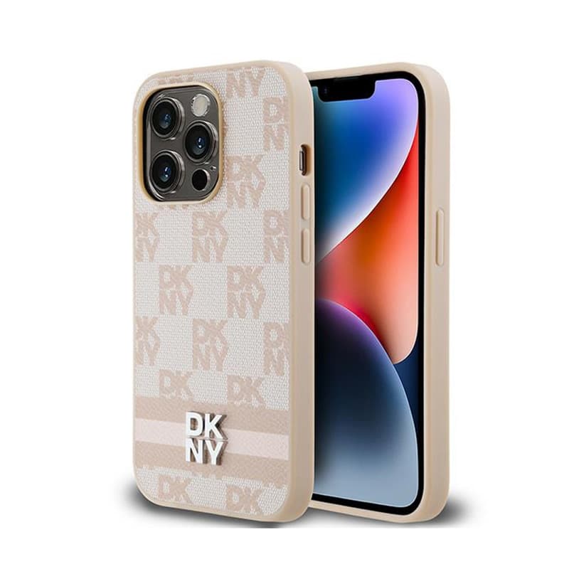 DKNY Leather Checkered Mono Pattern & Printed Stripes - iPhone 14 Pro Case (pink) 1