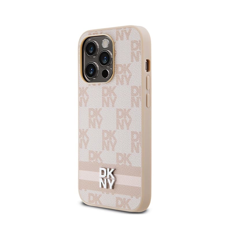 DKNY Leather Checkered Mono Pattern & Printed Stripes - iPhone 14 Pro Case (pink) 2