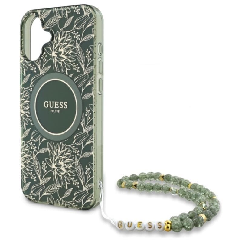 Guess IML Flowers Allover Electro With Pearl Strap MagSafe - Case for iPhone 16 Plus (Green) 5