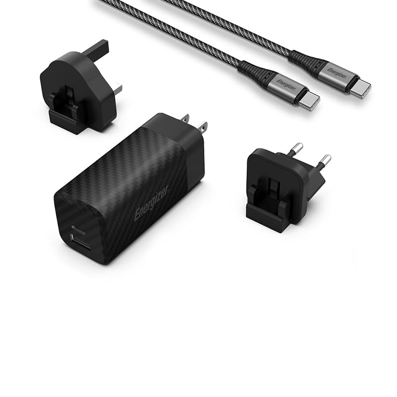 Energizer Ultimate - Multiplug EU / UK / US GaN USB-C & USB-A 65W PD mains charger + USB-C cable (Black)