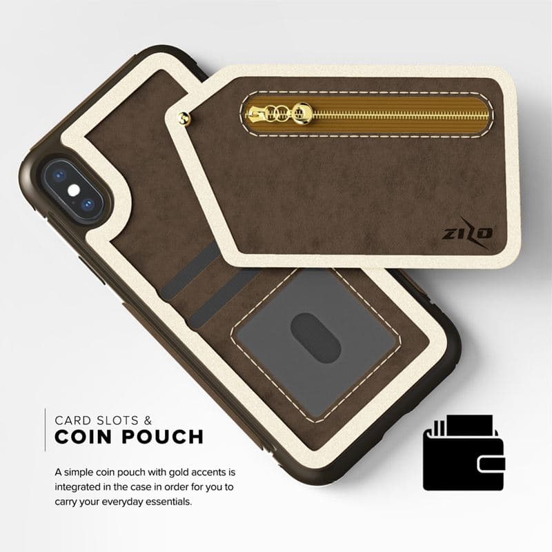 Zizo Nebula Wallet Case - Wallet Back and Zipper Pouch with Tempered Glass Screen Protector for iPhone X (Dark Brown/Brown) 7