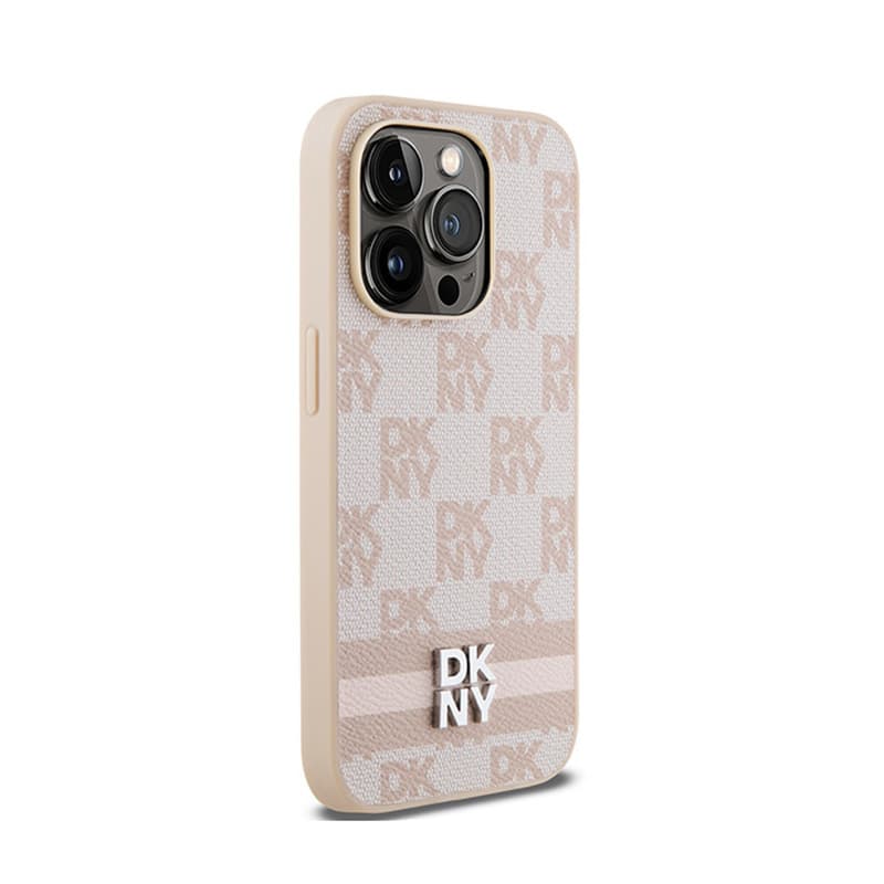 DKNY Leather Checkered Mono Pattern & Printed Stripes - iPhone 14 Pro Case (pink) 4