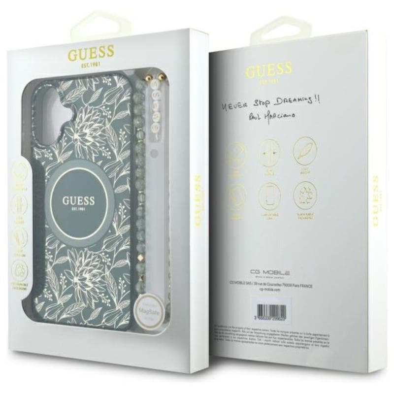 Guess IML Flowers Allover Electro With Pearl Strap MagSafe - Case for iPhone 16 Plus (Green) 7
