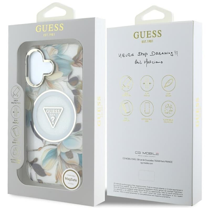 Guess Glitter Flowers Triangle Buttons MagSafe - Case for iPhone 16 (white) 8