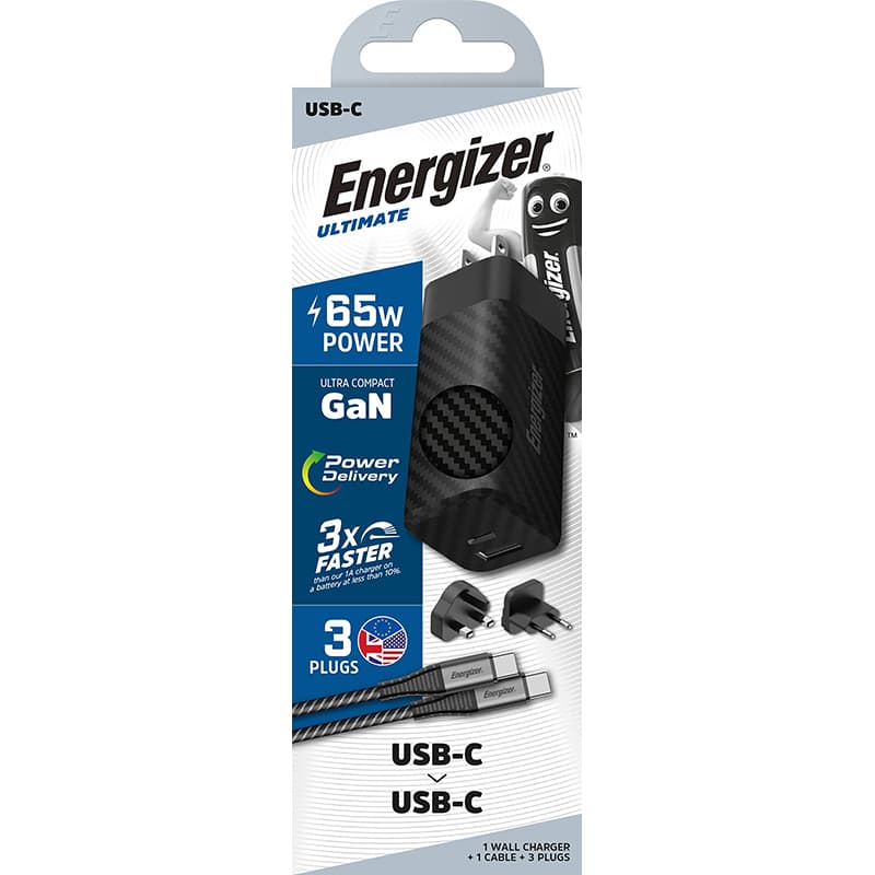Energizer Ultimate - Multiplug EU / UK / US GaN USB-C & USB-A 65W PD mains charger + USB-C cable (Black) 4
