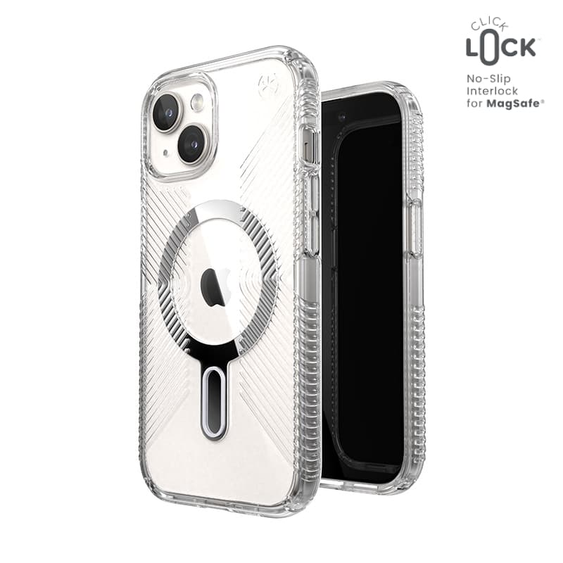 Speck Presidio Perfect-Clear Grip ClickLock & MagSafe - iPhone 17e / 16e / 15 / 14 / 13 Case (Clear / Chrome Finish / Serene Silver)