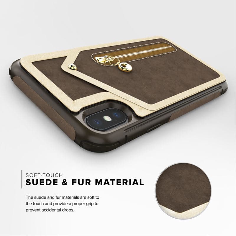 Zizo Nebula Wallet Case - Wallet Back and Zipper Pouch with Tempered Glass Screen Protector for iPhone X (Dark Brown/Brown) 8