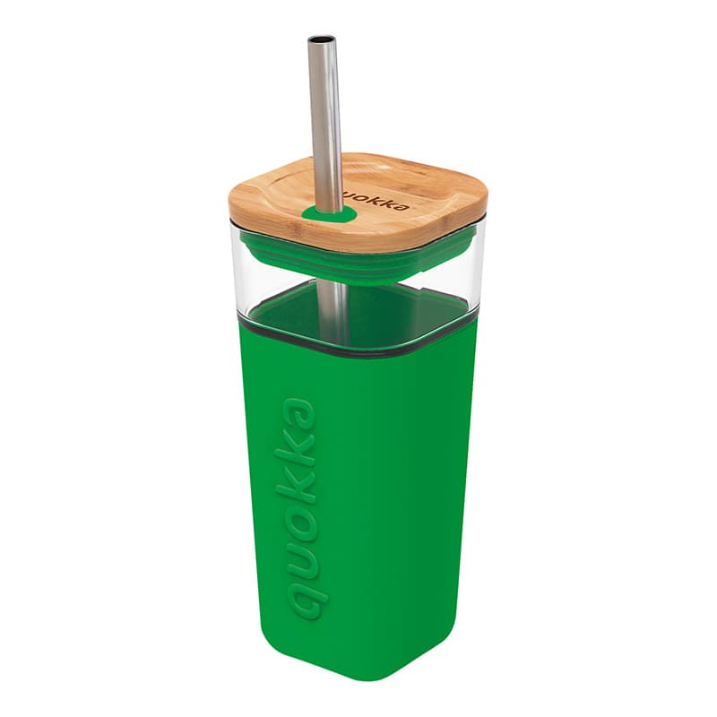 Quokka Liquid Cube - 540 ml Glass Cup with Stainless Steel Straw (Green) 1