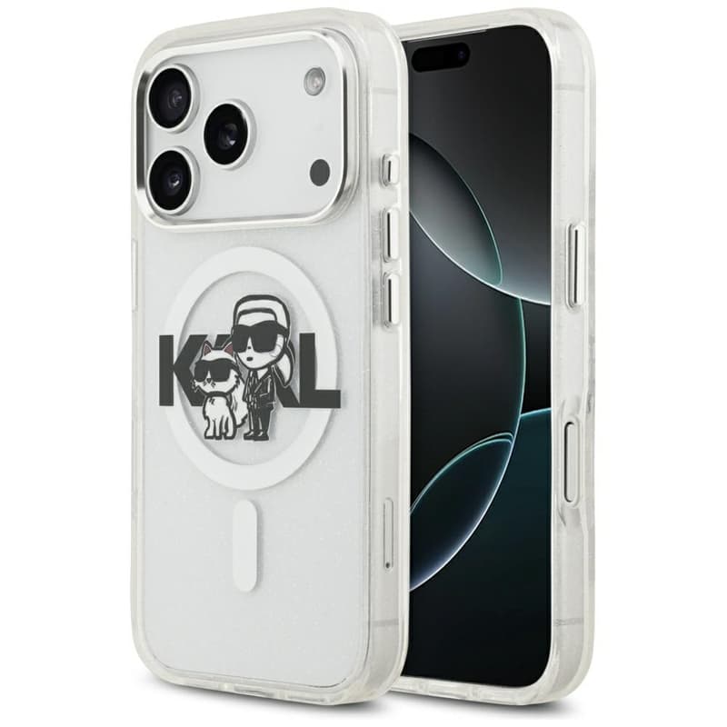 Karl Lagerfeld IML Glitter Karl & Choupette Sketch Logo MagSafe - Case for iPhone 17 Pro (transparent)