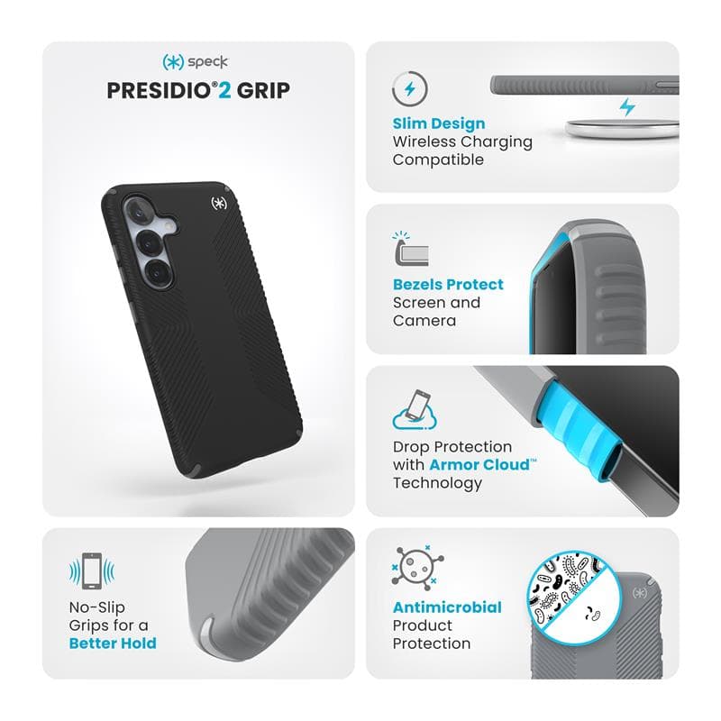 Speck Presidio2 Grip - Samsung Galaxy S25 / S24 Case (Black/Slate Gray/White) 7