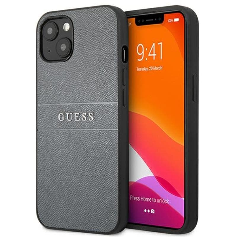 Guess Saffiano Metal Logo Stripes - Case for iPhone 13 mini (Grey) 1