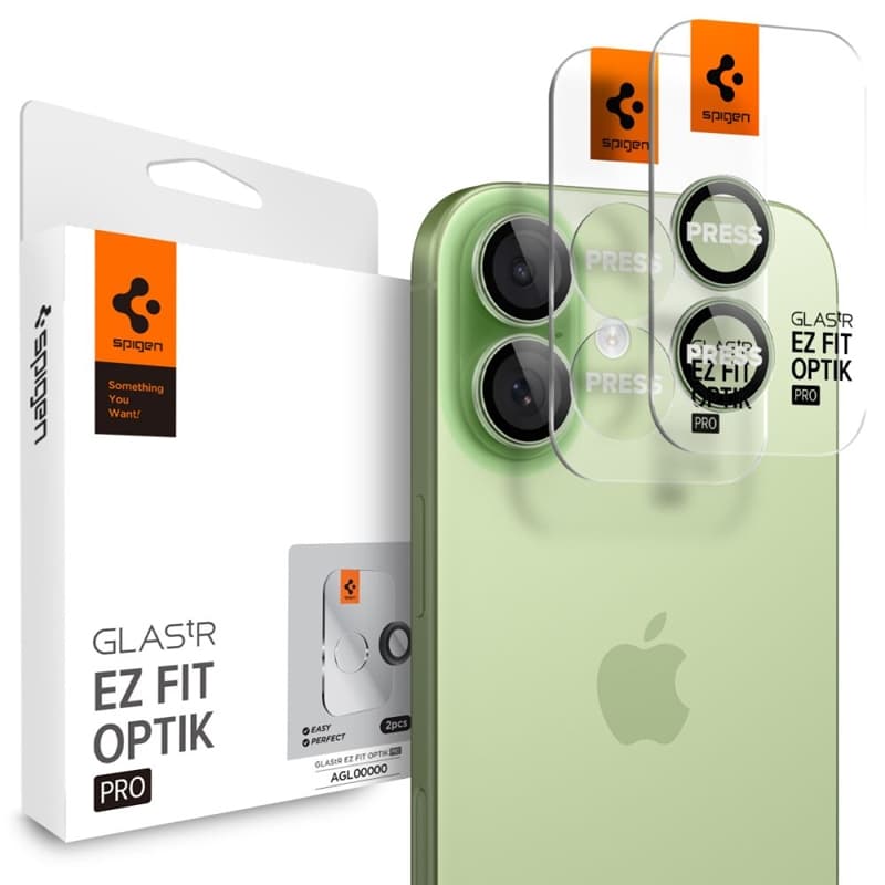 Spigen Optik Pro GLAS.TR EZ Fit Camera Protector 2-Pack - Glass Lens Protector for iPhone 16 / 16 Plus / 17 (2 pcs) (Green)