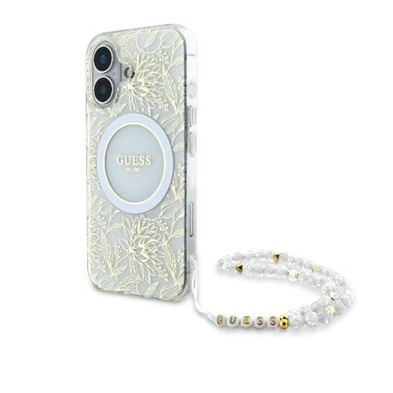 Guess IML Flowers Allover Electro With Pearl Strap MagSafe - Case for iPhone 16 Plus (White)